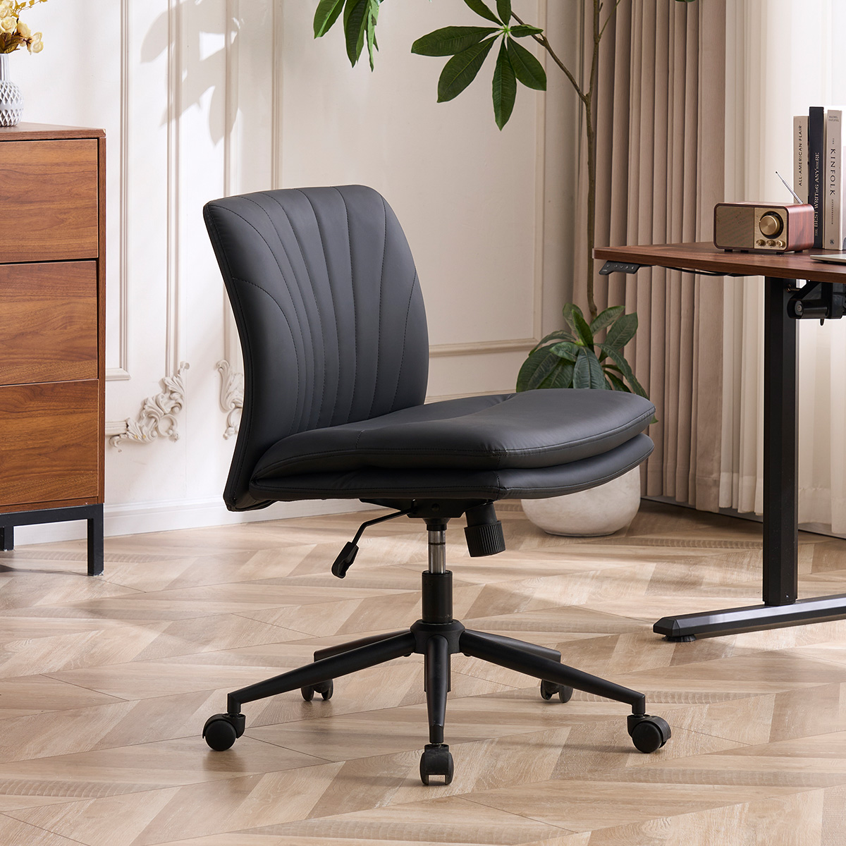 PU Leather Wheels Armless Upholstered Dressing Table Chair Computer Chair