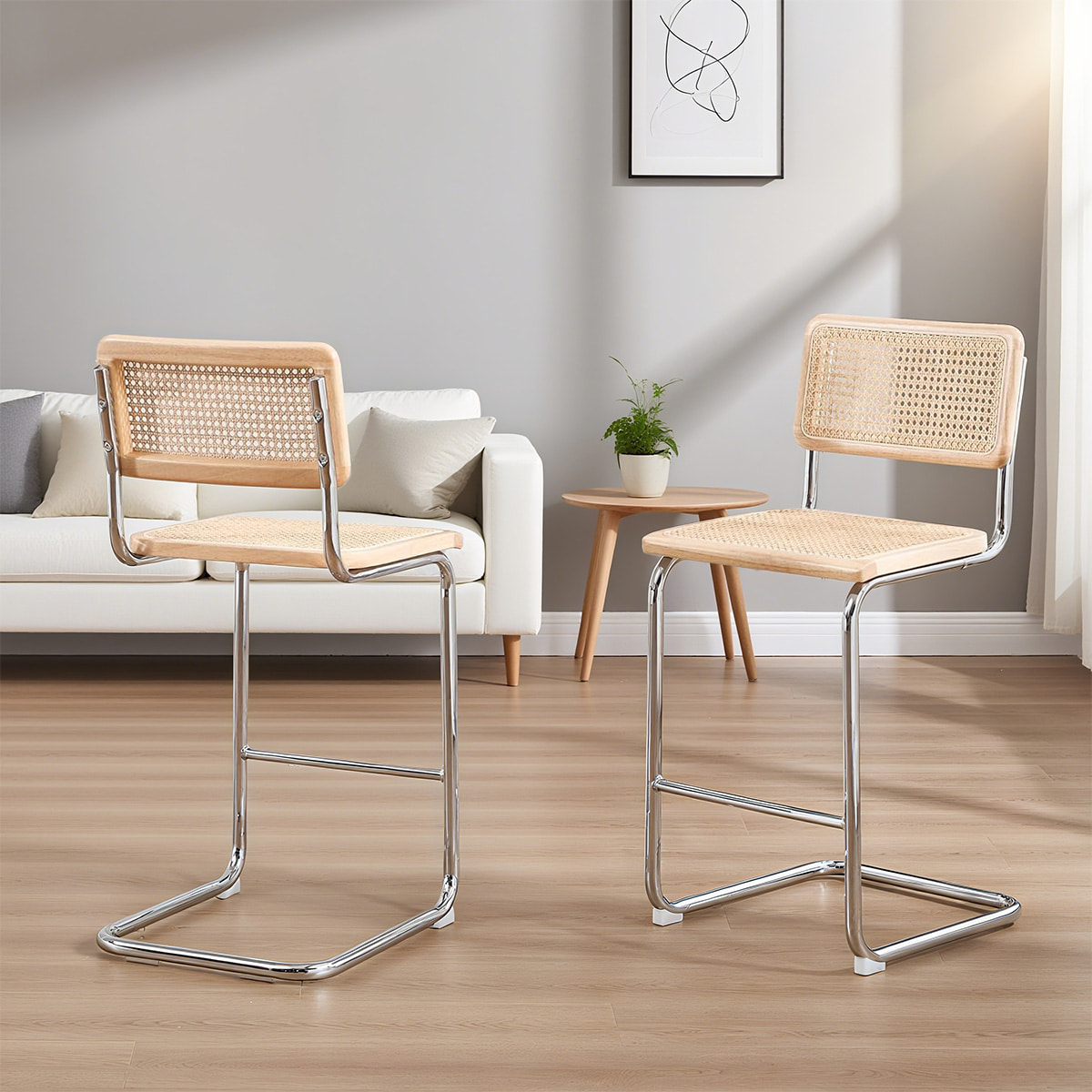 Század közepén a modern rattan konzolos pult széklet-természetes nád hátsó és ülés krómfém kerettel