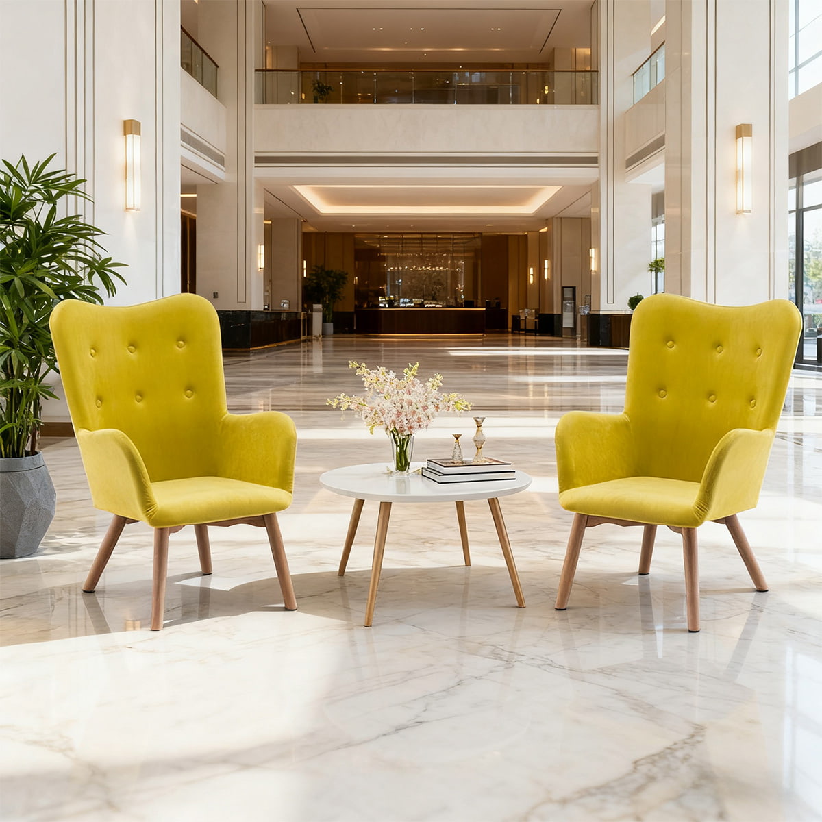 Modern Yellow Velvet Accent fotel – Szárnyas, bojtos szabadidős szék fa lábakkal és karfákkal nappaliba, hálószobába vagy irodába